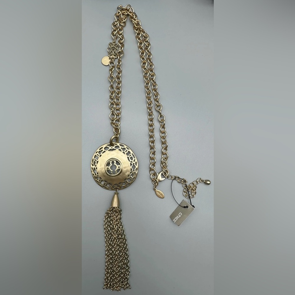 Chicos Womens Portia Gold Tone Long Tassel Necklace NWT $55